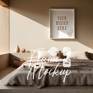 Maqueta de marco para dormitorio zen, maqueta de arte de pared para dormitorio cálido y sereno, foto de archivo, maqueta de obra de arte con marco blanco, maqueta de impresión digital y póster PSD PNG