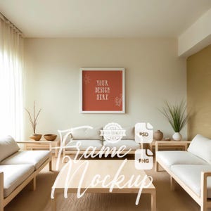 Maqueta de arte de pared para sala de estar zen, maqueta de marco de madera blanco para habitación serena, foto de stock, impresión digital y maqueta de póster PSD PNG