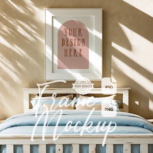 Vertical Frame Mockup Beach House Bedroom Artwork Display Coastal Wooden Frame Mockup Stock Photo Digital Print & Poster Mockup PSD PNG