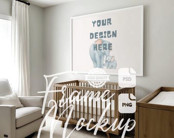 Nursery Frame Mockup: Horizontal Baby Room Wall Artwork Display, White Frame (PSD, PNG)