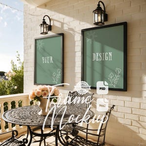 Balcony Frame Mockup Set of 2 Brick Wall Outdoor Decor Black Frame Wall Artwork Display Digital Wall Art Print & Poster Mockup PSD PNG