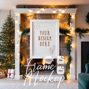 Christmas Frame Mockup Festive Decor Fireplace Artwork Display Vertical Wall Art Mock Up Christmas Print Art & Poster Mockup PSD PNG
