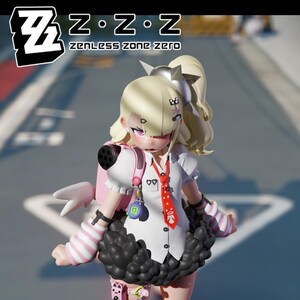 May include: A 3D-rendered anime-style character with blonde hair, wearing a white shirt with a red tie, a black skirt, pink and white striped socks, and a pink backpack. The character is holding a gun and has a pink and white striped arm band. The character is standing on a gray surface with a white line.