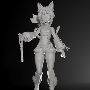 Puede incluir: Una figura blanca detallada de un personaje femenino con orejas de gato, una espada y una base que dice "GODZILLA EATER".