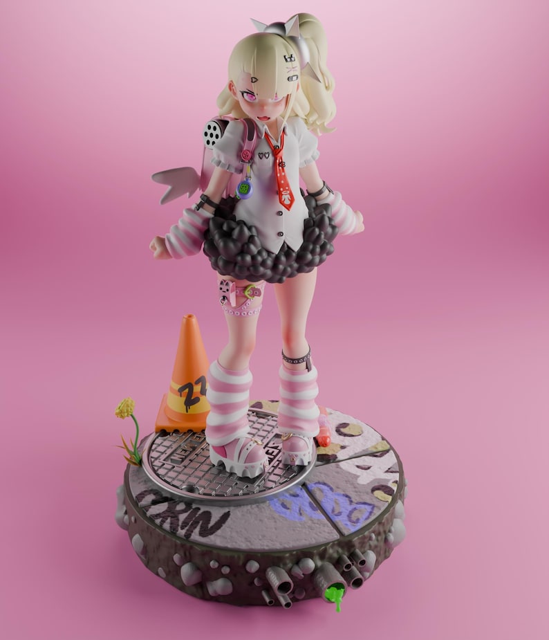 May include: A pink and white anime figurine with black hair and a white bow. The figurine is wearing a white shirt with a red tie, a black skirt, and pink and white striped socks. The figurine is standing on a gray and black base with a yellow traffic cone and green plants.