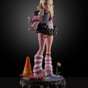 May include: A pink and white striped figurine of a girl with blonde hair and a black and white outfit. She is wearing a pink backpack and has a pink and white striped leg warmer on her left leg. She is standing on a gray base with a yellow traffic cone and a dandelion.