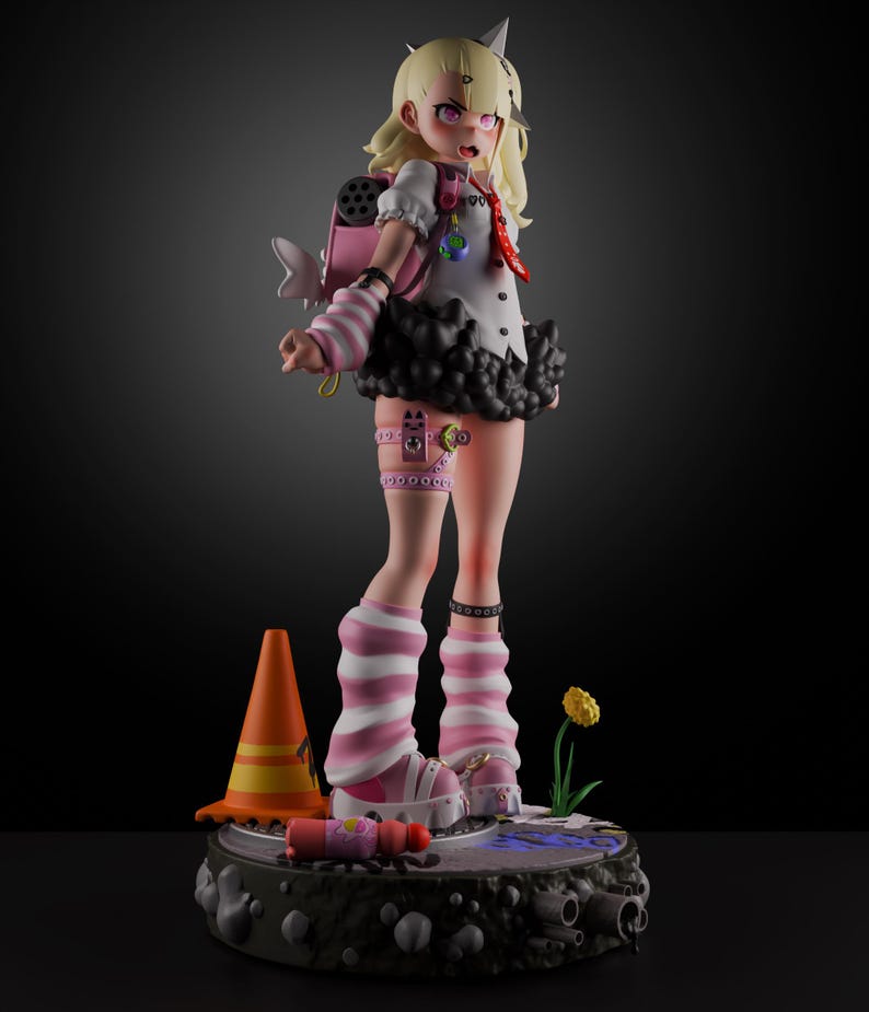 May include: A pink and white striped figurine of a girl with blonde hair and a black and white outfit. She is wearing a pink backpack and has a pink and white striped leg warmer on her left leg. She is standing on a gray base with a yellow traffic cone and a dandelion.
