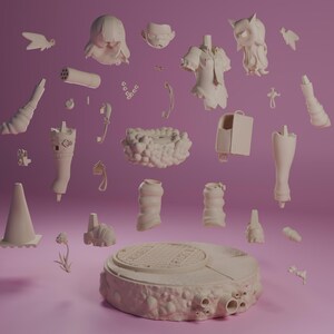 May include: A collection of unassembled plastic model pieces for a figurine. The pieces are in various shapes and sizes, including a head, torso, legs, and accessories. The pieces are all a light beige color and are arranged on a pink surface.