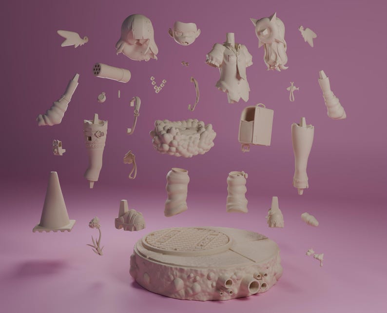 May include: A collection of unassembled plastic model pieces for a figurine. The pieces are in various shapes and sizes, including a head, torso, legs, and accessories. The pieces are all a light beige color and are arranged on a pink surface.