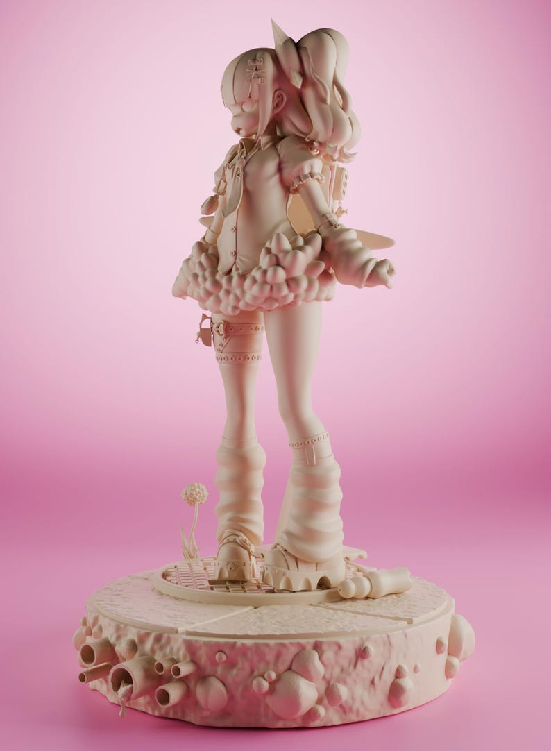 May include: A white figurine of a girl with pigtails wearing a skirt and boots. The figurine is standing on a round base with a textured surface.