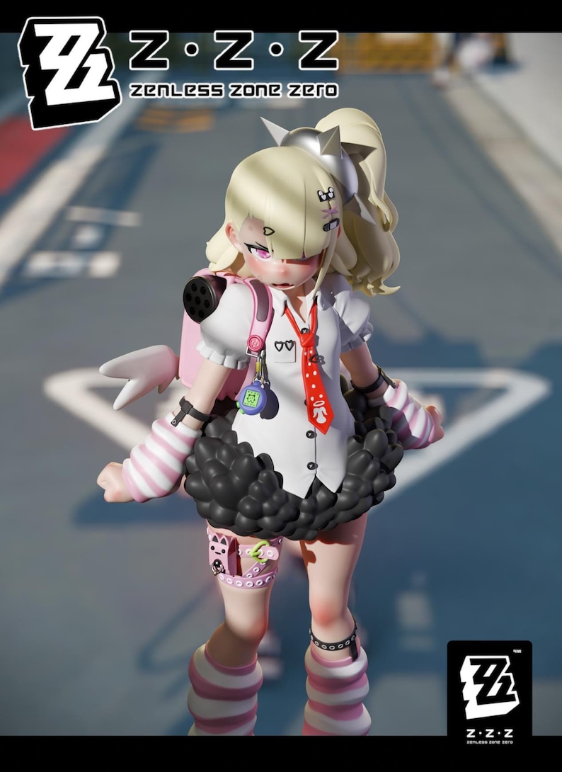 May include: A 3D-rendered anime-style character with blonde hair, wearing a white shirt with a red tie, a black skirt, pink and white striped socks, and a pink backpack. The character is holding a gun and has a pink and white striped arm band. The character is standing on a gray surface with a white line.