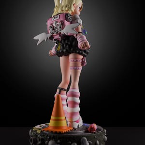 May include: A pink and white anime figurine of a girl with blonde hair and a pink backpack. She is wearing a pink and white striped skirt, pink and white striped socks, and pink shoes. She is standing on a black and gray base with a traffic cone.