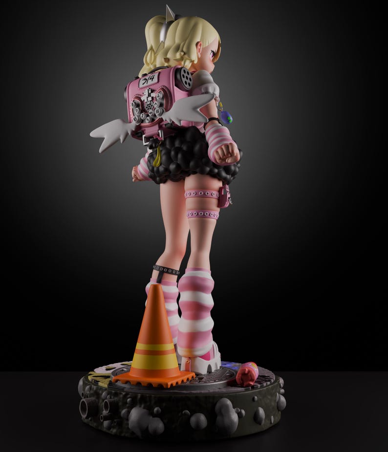 May include: A pink and white anime figurine of a girl with blonde hair and a pink backpack. She is wearing a pink and white striped skirt, pink and white striped socks, and pink shoes. She is standing on a black and gray base with a traffic cone.