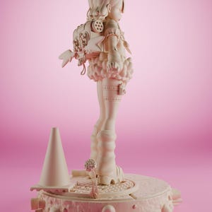 May include: A white, detailed figurine of a girl with a backpack and a cone on a circular base. The girl is wearing a skirt and boots. The base has a textured surface with bubbles.