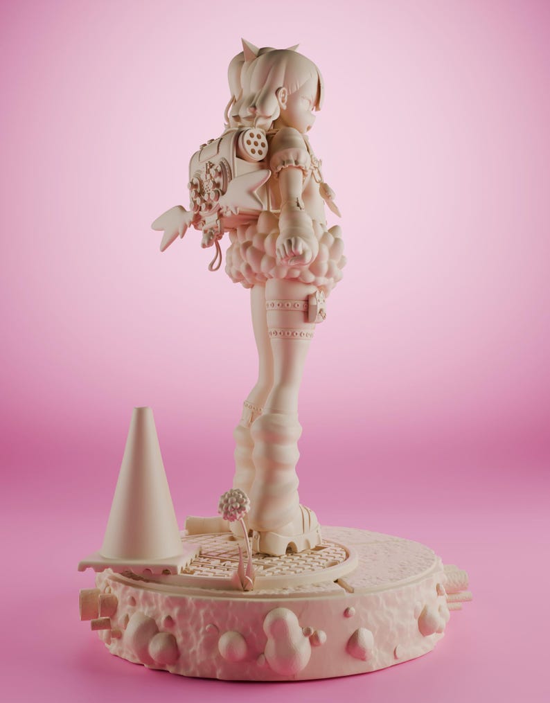 May include: A white, detailed figurine of a girl with a backpack and a cone on a circular base. The girl is wearing a skirt and boots. The base has a textured surface with bubbles.