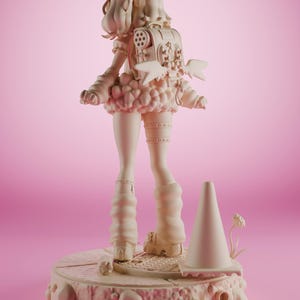 May include: A white figurine of a girl with a backpack and wings, standing on a platform with a cone. The girl is wearing a skirt, boots, and a fluffy top. The platform is decorated with a textured surface and small round shapes.