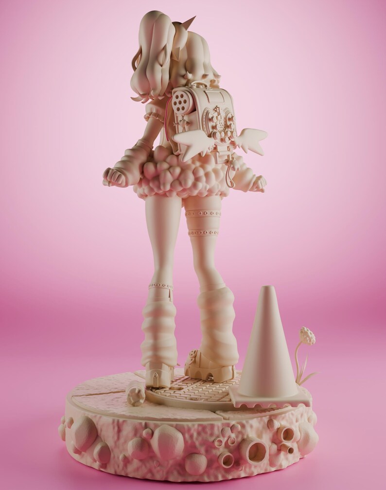 May include: A white figurine of a girl with a backpack and wings, standing on a platform with a cone. The girl is wearing a skirt, boots, and a fluffy top. The platform is decorated with a textured surface and small round shapes.