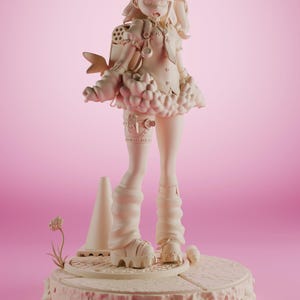 May include: A beige figurine of a girl wearing a skirt, boots, and a backpack. She is standing on a circular base with a textured surface. The base has a cone-shaped object in front of it.