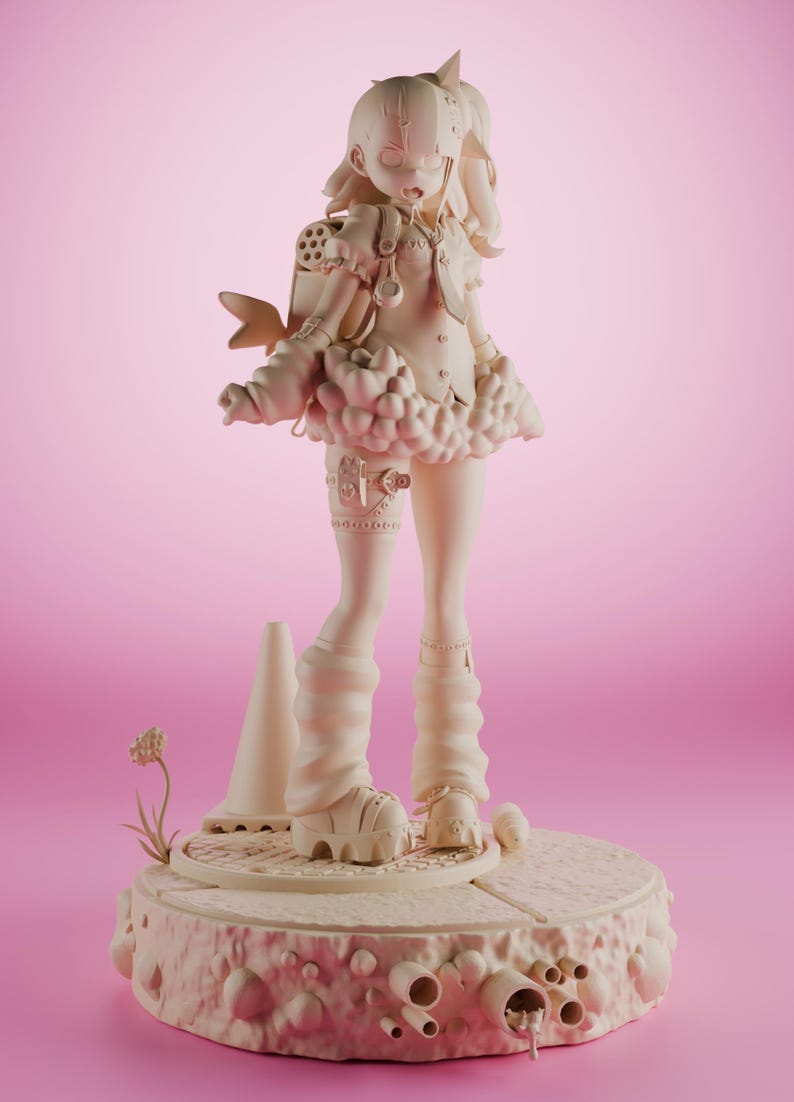 May include: A beige figurine of a girl wearing a skirt, boots, and a backpack. She is standing on a circular base with a textured surface. The base has a cone-shaped object in front of it.
