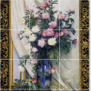 Peonies Ceramic Tile Mural: Albert Aublet Painting, Blue Vase