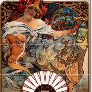 May include: A vintage advertisement for Biscuits Lefèvre-Utile featuring a woman in a flowing blue and gold dress holding a plate of biscuits. The image is set against a background of stylized floral and geometric patterns. The year 1897 is prominently displayed in the lower center of the image.