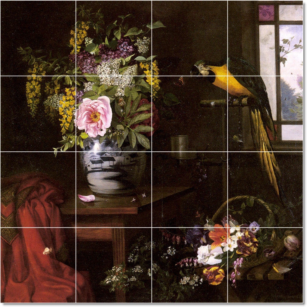 S-M-L-XL Custom Ceramic Flowers Painting Tile Mural. A Vase Basket And Parrot By Olaf Hermansen
