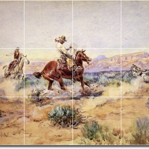 May include: A watercolor painting depicting two cowboys on horseback riding through a desert landscape. The cowboys are wearing traditional clothing and are riding towards a group of wolves in the distance. The painting is set against a backdrop of a blue sky and rolling hills.