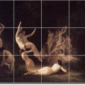 S-M-L-XL Custom Ceramic Mythology Painting Tile Mural. The Nymphaeum  By William Bouguereau