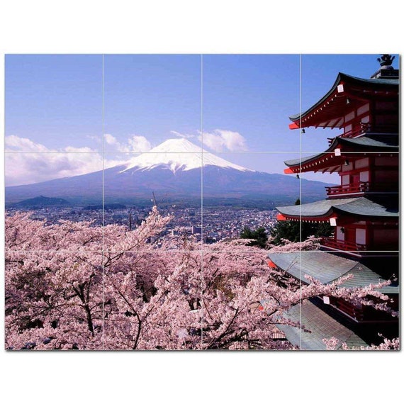富士山のタイル壁画：日本の桜、屋内壁アート - Etsy 日本