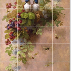 Pode incluir: Uma pintura vintage de dois pássaros azuis empoleirados em um galho com amoras e flores brancas. Abelhas voam ao redor dos pássaros e das flores. A pintura é assinada "L. de Jonghe" no canto inferior direito.