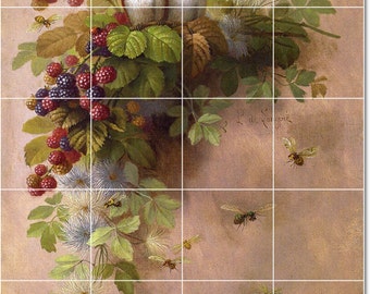 S-M-L-XL Custom Ceramic Flowers Painting Tile Mural. Birds Bees And Berries By Paul De Longpre