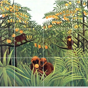 Könnte beinhalten: Ein Gemälde, das eine Dschungelszene mit Affen und Orangenbäumen zeigt. Die Affen sind braun und sitzen in den Bäumen. Die Bäume sind grün und tragen orange Früchte. Der Hintergrund ist ein üppiger grüner Dschungel.