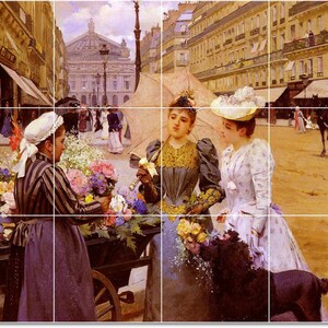 Mural de azulejo de pintura feminina de cerâmica personalizada S-M-L-XL. Marchande De Fleurs, de Louis Marie Schryver