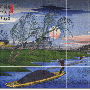 S-M-L-XL Custom Ceramic Japanese Ukiyo-E Painting Tile Mural. Men Poling Boats Past A Bank By Utagawa Hiroshige