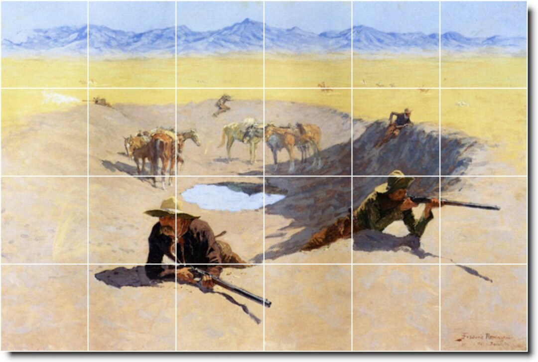 フレデリック・レミントンのセラミックタイル壁画：西洋絵画、水場を