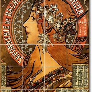 Mural de azulejo de pintura de arte de pôster de cerâmica personalizado S-M-L-XL. Savonnerie De Bagnolet 1897 por Alphonse Mucha