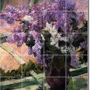 May include: A painting of a bouquet of purple and white lilac flowers in a brown vase. The flowers are arranged in a loose, natural style, and the vase is simple and elegant. The background is a blurred image of a window with green and brown tones.