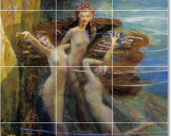 S-M-L-XL Custom Ceramic Mythology Painting Tile Mural. Les Nereides  By Gaston Bussiere