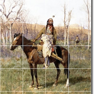 May include: A Native American man on horseback, wearing traditional clothing and a feathered headdress, rides through a field of tall grass and trees. The horse is brown with a white marking on its leg. The man is looking to the right, and the horse is looking straight ahead.