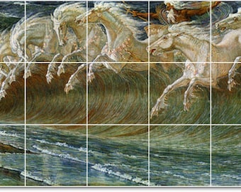 S-M-L-XL Custom Ceramic Mythology Painting Tile Mural. Neptunes Horses By Walter Crane