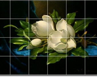 S-M-L-XL Custom Ceramic Flowers Painting Tile Mural. Giant Magnolias On A Blue Velvet Cloth By Martin Heade