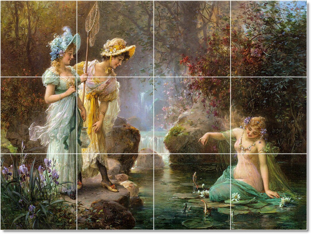 S-M-L-XL Custom Ceramic Women Painting Tile Mural. A Water Idyll