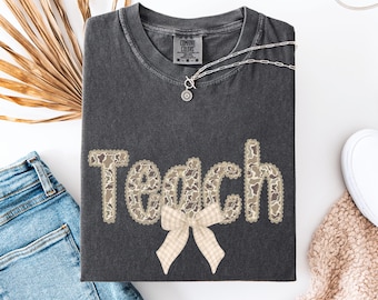 Camo lettered Teacher Shirt with Bow, Cute Back to School Comfort Colors Teacher Tee, Camouflage Teacher Outfit, Teacher Appreciation Gift