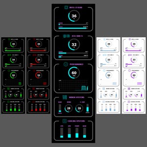 Puede incluir: Una pantalla digital que muestra métricas de rendimiento de la computadora. La interfaz presenta lecturas de temperatura, porcentajes de uso y datos de FPS. La combinación de colores es principalmente negra con acentos azules y verdes.