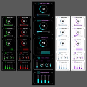May include: A series of computer performance monitoring displays. Each display shows data for AMD Ryzen 9 5900X and GeForce 3080 Ti, including temperature, performance, and minor system details. The displays use a black background with green, red, and blue accents.