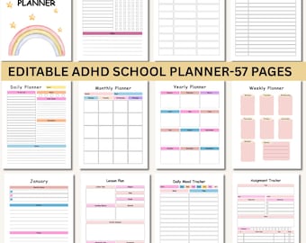 May include: A collection of printable ADHD school planners with various layouts, including daily, monthly, and yearly schedules. The cover features the text "ADHD SCHOOL PLANNER" with a rainbow and stars. The pages are in pastel colors.