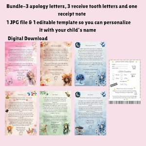 Carta de disculpa del Hada de los Dientes editable (7 piezas) Paquete: Carta de disculpa por visita perdida, olvido, llegada y recibo oficial del Hada de los Dientes