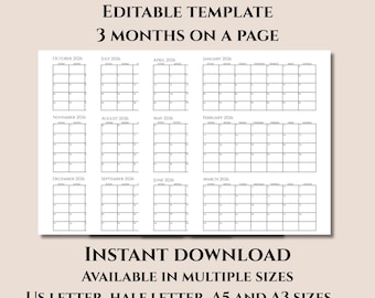 Kwartaalplanner 2026, wandkalender 3 maanden, bewerkbare en afdrukbare kalender, A5 A3 US Letter halve letter, planner invoegen, planner 90 dagen