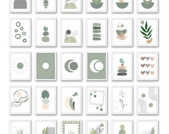 Boho Sage Green Wall Art set of 30, Mid Century Modern Art Print, Abstract Botanical Art Prints, Neutral Wall Art Gallery, Green Tone Art,