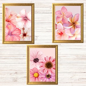 Set of 3 Hawaiian Print Hibiscus Flower Print Tropical Floral Artwork Retro Wall Art Print Preppy Room Decor Pink Flower Hawaiian Poster